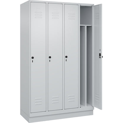 Classic PLUS clean and dirty clothes locker, narrow, 4 compartments, shortened centre divider, light grey, W 1200 mm, with base plinth, rotary bolt, centre partition.