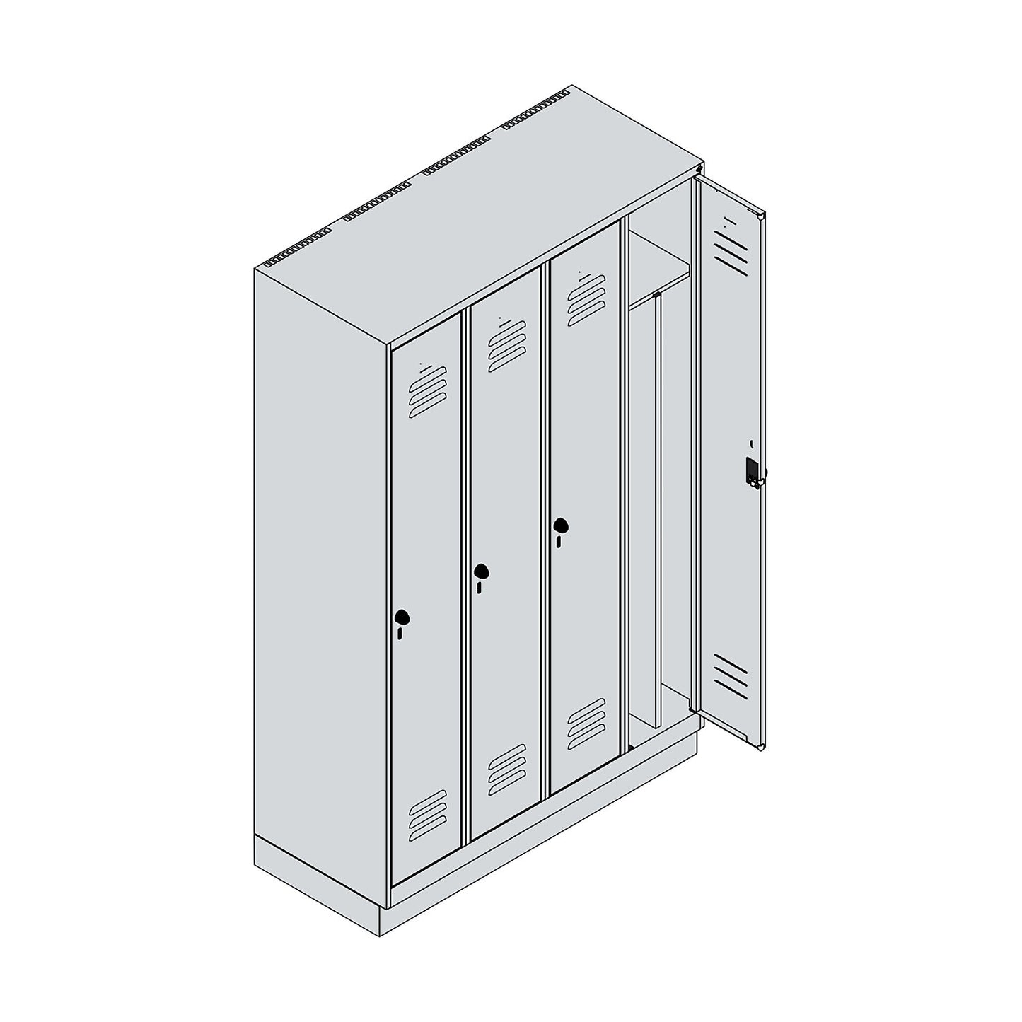 Classic PLUS clean and dirty clothes locker, narrow, 4 compartments, shortened centre divider, light grey/grey, W 1200 mm, with base plinth, rotary bolt, centre partition.
