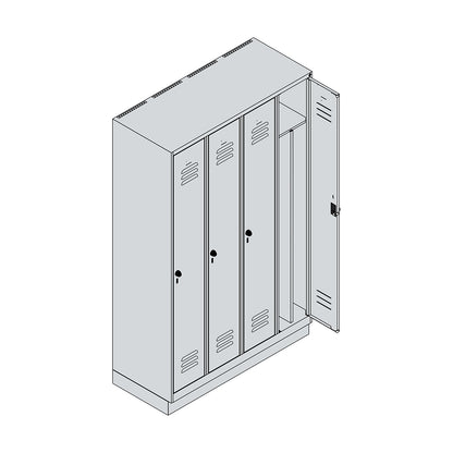 Classic PLUS clean and dirty clothes locker, narrow, 4 compartments, shortened centre divider, light grey/grey, W 1200 mm, with base plinth, rotary bolt, centre partition.