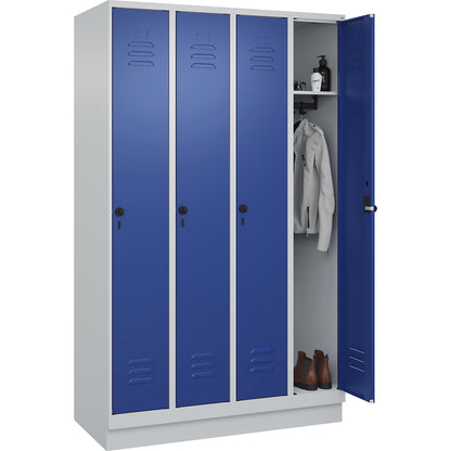 Classic PLUS clothes locker, 4 compartments, light grey/gentian blue, W 1200 mm, with base plinth, rotary bolt.