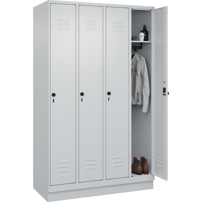 Classic PLUS clothes locker, 4 compartments, light grey, W 1200 mm, with base plinth, rotary bolt.