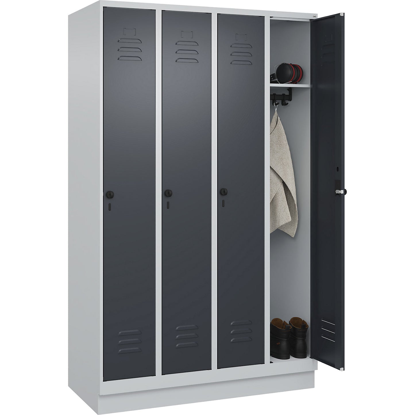 Classic PLUS clothes locker, 4 compartments, light grey/grey, W 1200 mm, with base plinth, rotary bolt.