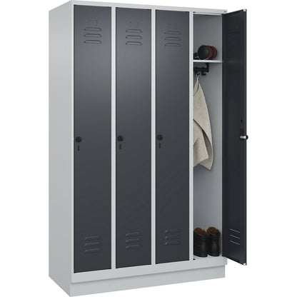 Classic PLUS clothes locker, 4 compartments, light grey/grey, W 1200 mm, with base plinth, rotary bolt.
