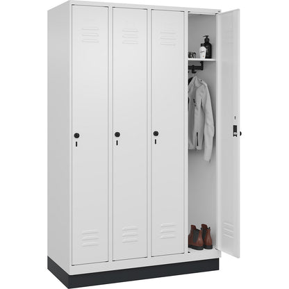 Classic PLUS clothes locker, 4 compartments, traffic white, W 1200 mm, with base plinth, rotary bolt.
