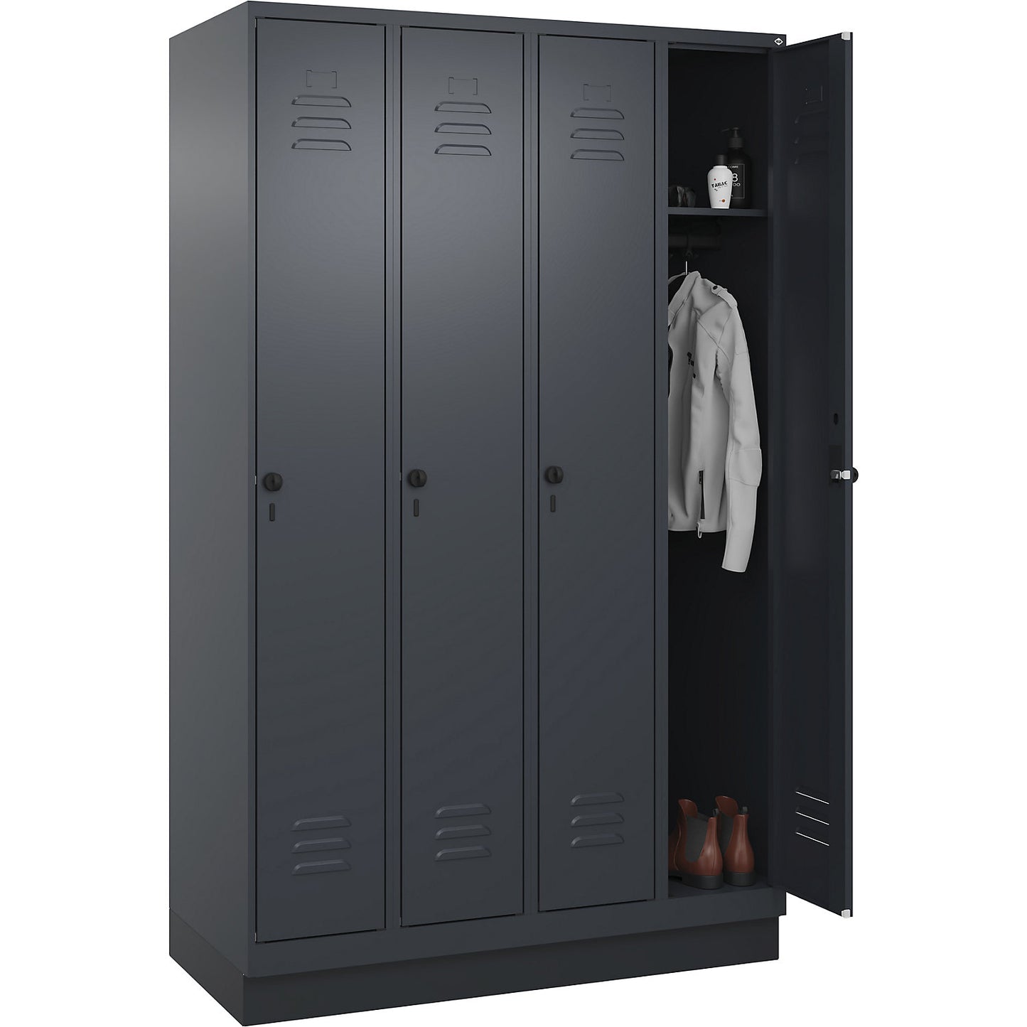 Classic PLUS clothes locker, 4 compartments, grey, W 1200 mm, with base plinth, rotary bolt.
