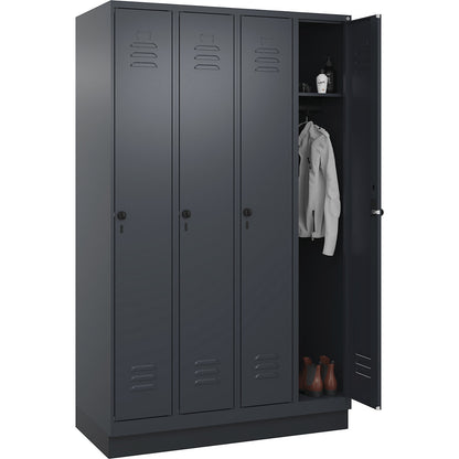 Classic PLUS clothes locker, 4 compartments, grey, W 1200 mm, with base plinth, rotary bolt.