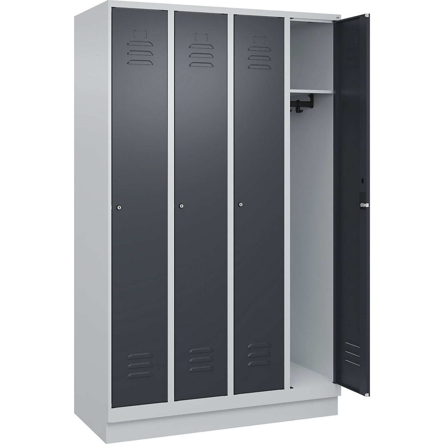 Classic PLUS clothes locker, 4 compartments, light grey/grey, W 1200 mm, with base plinth, cylinder lock.