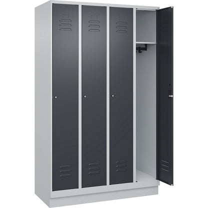 Classic PLUS clothes locker, 4 compartments, light grey/grey, W 1200 mm, with base plinth, cylinder lock.