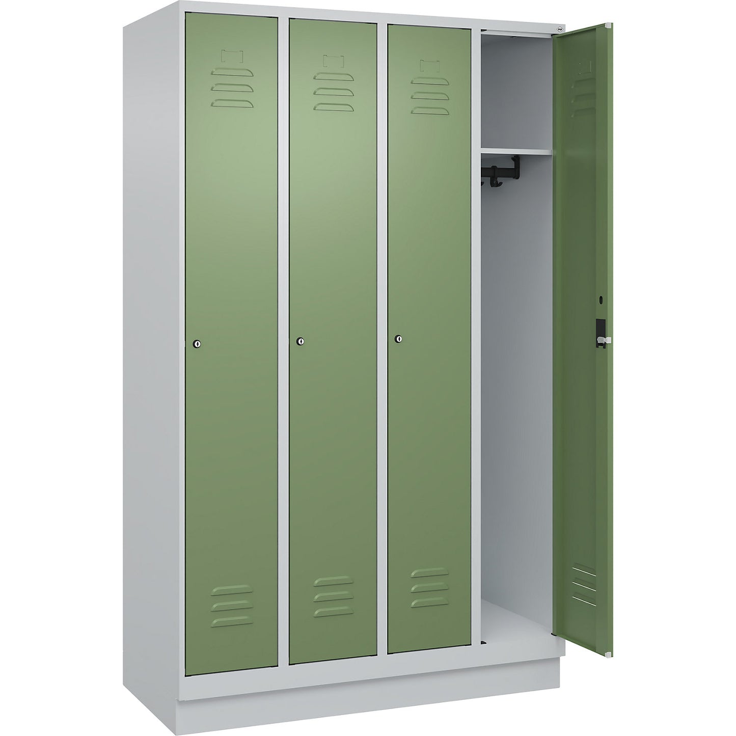 Classic PLUS clothes locker, 4 compartments, light grey/reseda green, W 1200 mm, with base plinth, cylinder lock.