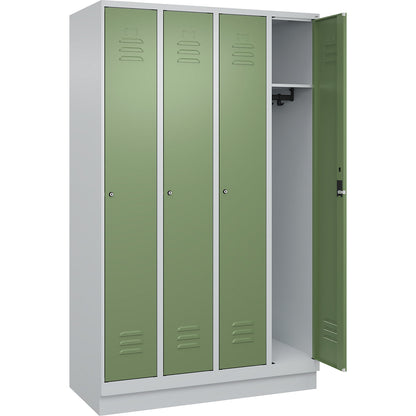 Classic PLUS clothes locker, 4 compartments, light grey/reseda green, W 1200 mm, with base plinth, cylinder lock.