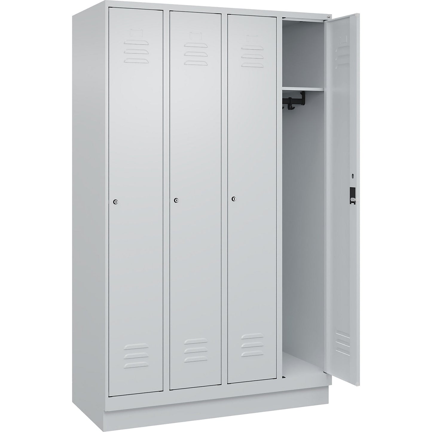 Classic PLUS clothes locker, 4 compartments, light grey, W 1200 mm, with base plinth, cylinder lock.