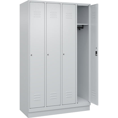 Classic PLUS clothes locker, 4 compartments, light grey, W 1200 mm, with base plinth, cylinder lock.