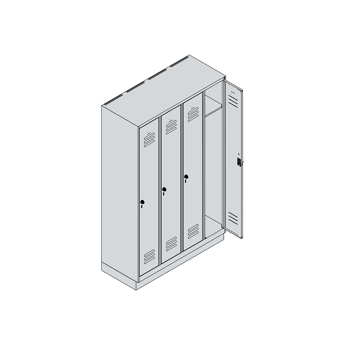 Classic PLUS clothes locker, 4 compartments, light grey/gentian blue, W 1200 mm, with base plinth, rotary bolt.