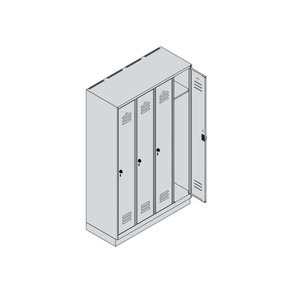 Classic PLUS clothes locker, 4 compartments, grey, W 1200 mm, with base plinth, rotary bolt.