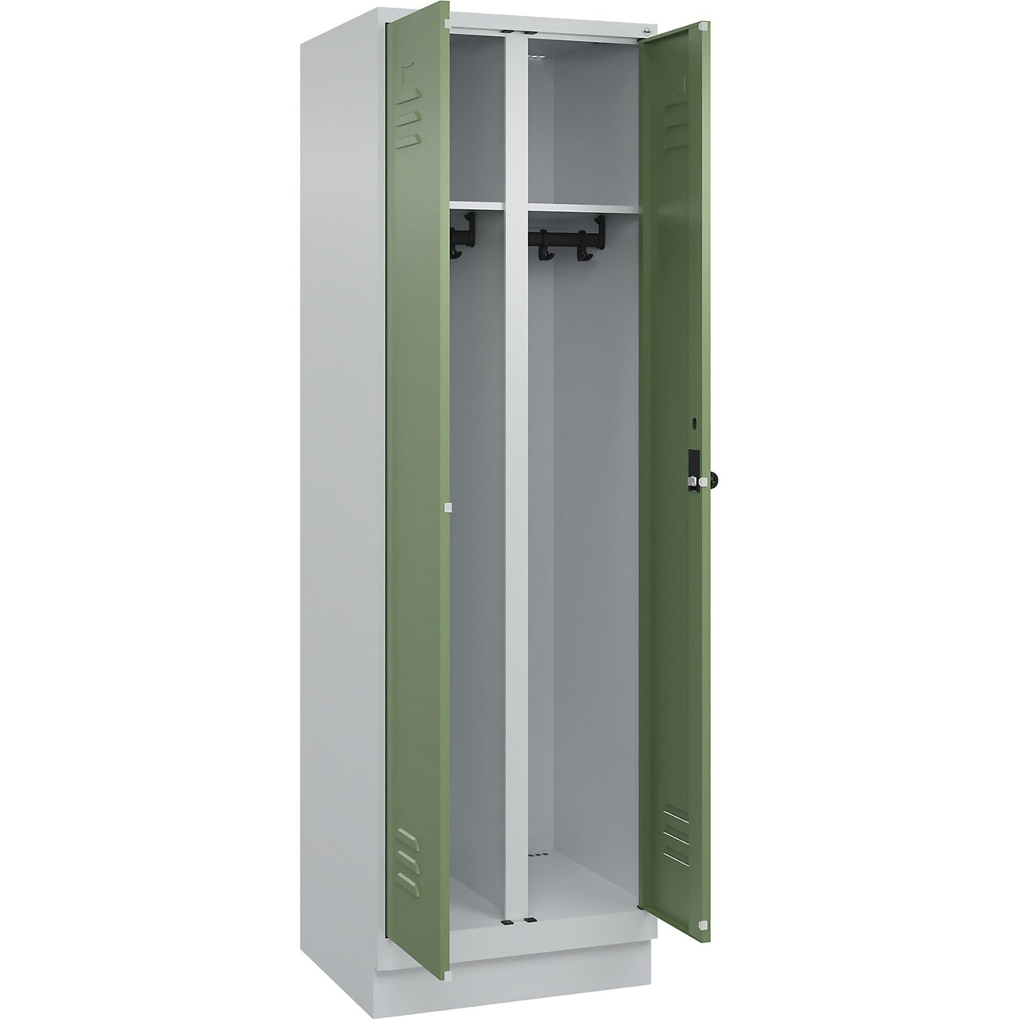Classic PLUS clean and dirty clothes locker, centre divider, 1 compartment, light grey/reseda green, HxW 1950 x 600 mm, with base plinth, rotary bolt.