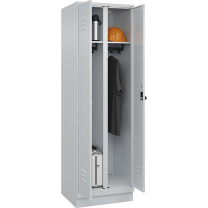 Classic PLUS clean and dirty clothes locker, centre divider, 1 compartment, light grey, HxW 1950 x 600 mm, with base plinth, rotary bolt.