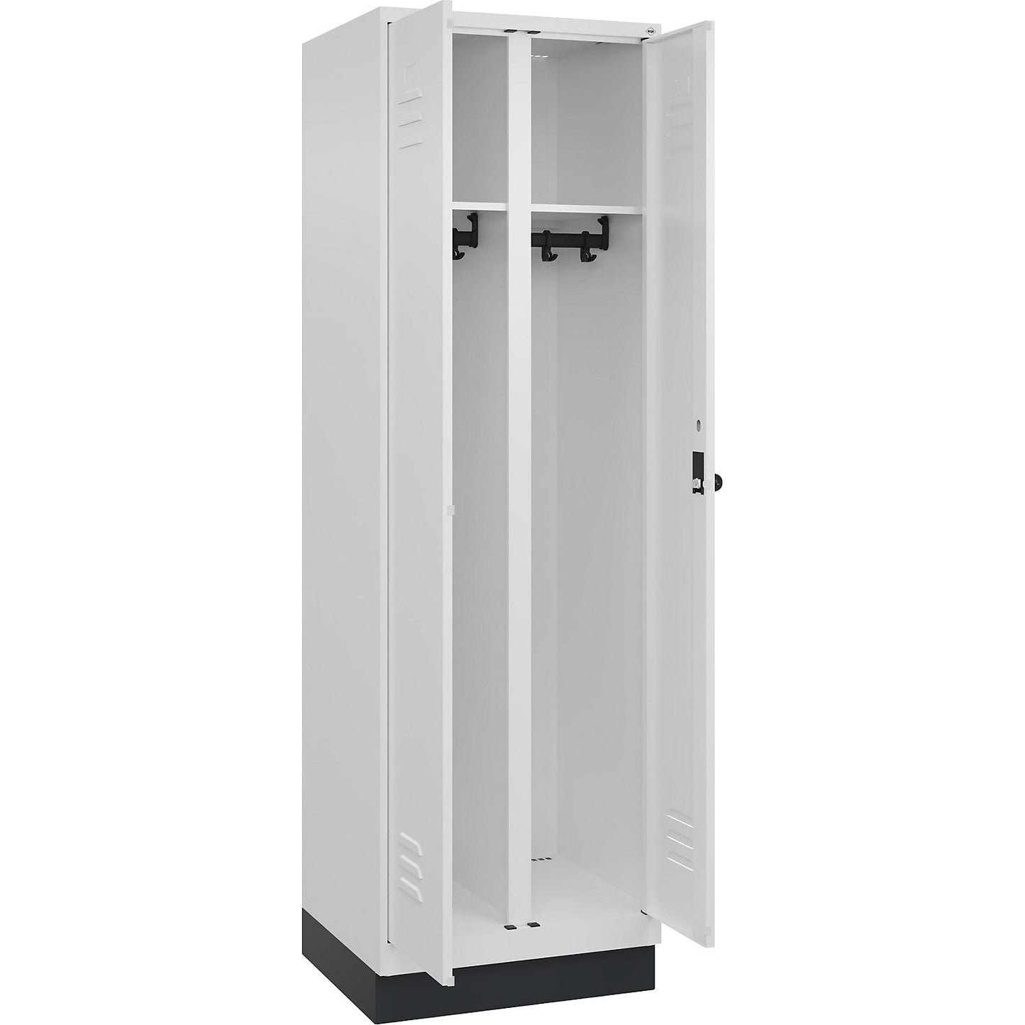 Classic PLUS clean and dirty clothes locker, centre divider, 1 compartment, traffic white, HxW 1950 x 600 mm, with base plinth, rotary bolt.