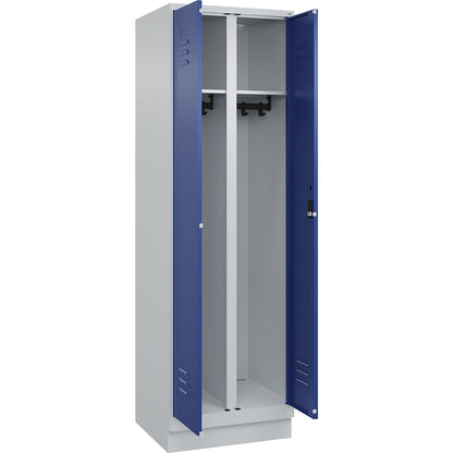 Classic PLUS clean and dirty clothes locker, centre divider, 1 compartment, light grey/gentian blue, HxW 1950 x 600 mm, with base plinth, cylinder lock.