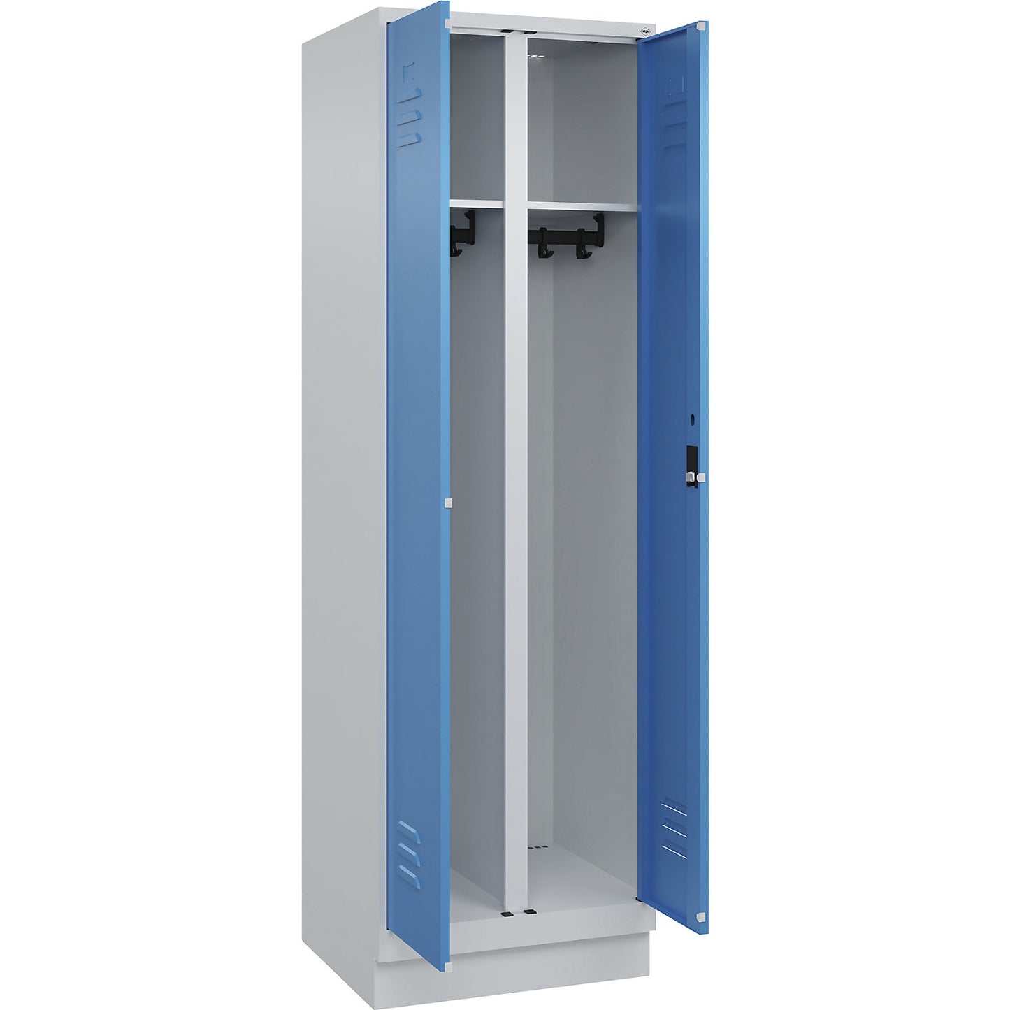 Classic PLUS clean and dirty clothes locker, centre divider, 1 compartment, light grey/light blue, HxW 1950 x 600 mm, with base plinth, cylinder lock.