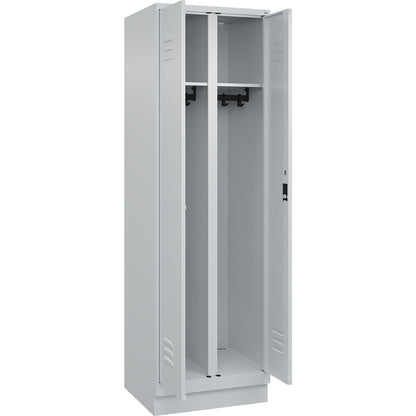 Classic PLUS clean and dirty clothes locker, centre divider, 1 compartment, light grey, HxW 1950 x 600 mm, with base plinth, cylinder lock.