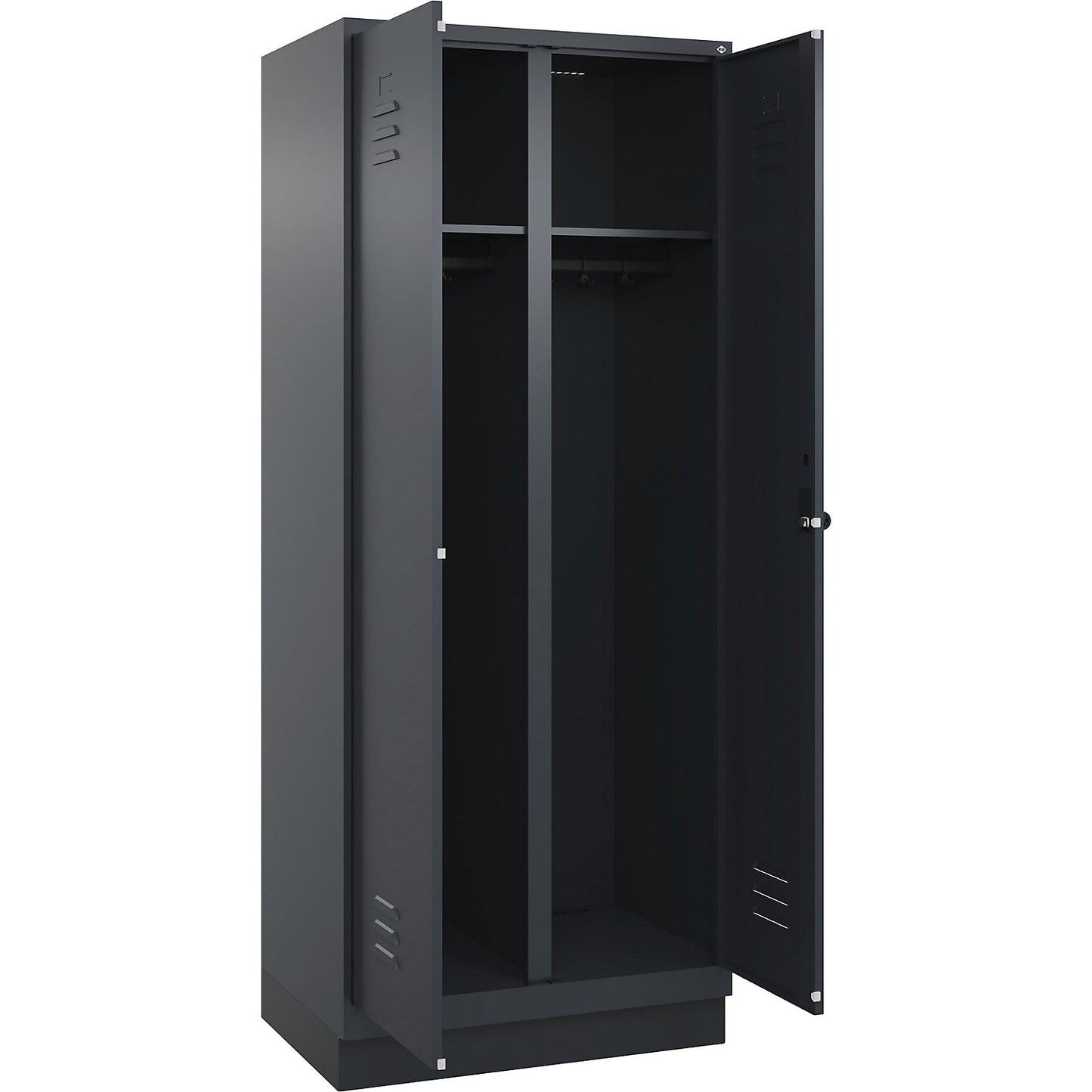 Classic PLUS clean and dirty clothes locker, centre divider, 1 compartment, grey, HxW 1950 x 800 mm, with base plinth, rotary bolt.
