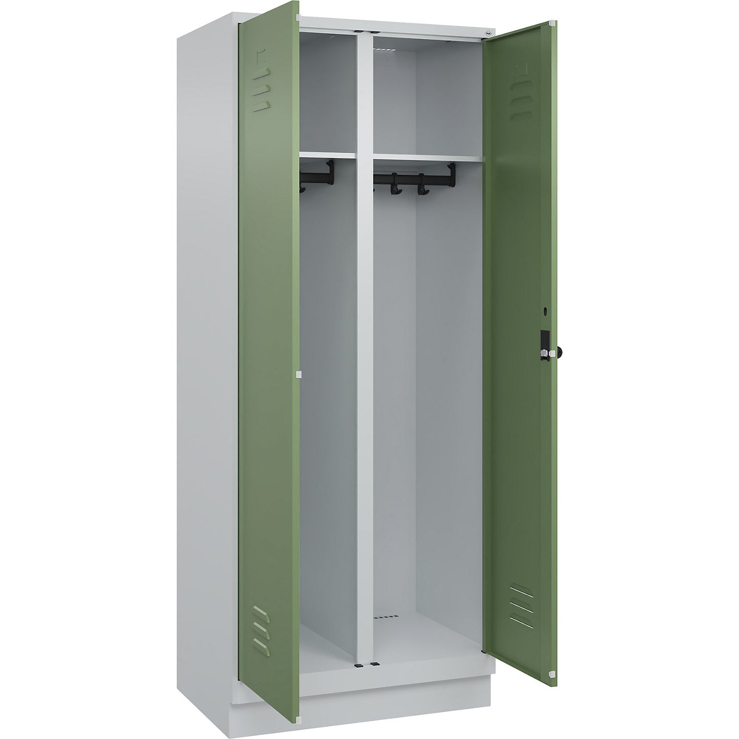 Classic PLUS clean and dirty clothes locker, centre divider, 1 compartment, light grey/reseda green, HxW 1950 x 800 mm, with base plinth, rotary bolt.