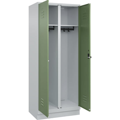 Classic PLUS clean and dirty clothes locker, centre divider, 1 compartment, light grey/reseda green, HxW 1950 x 800 mm, with base plinth, rotary bolt.