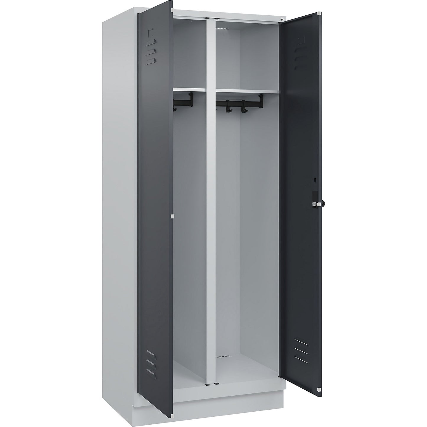 Classic PLUS clean and dirty clothes locker, centre divider, 1 compartment, light grey/grey, HxW 1950 x 800 mm, with base plinth, rotary bolt.