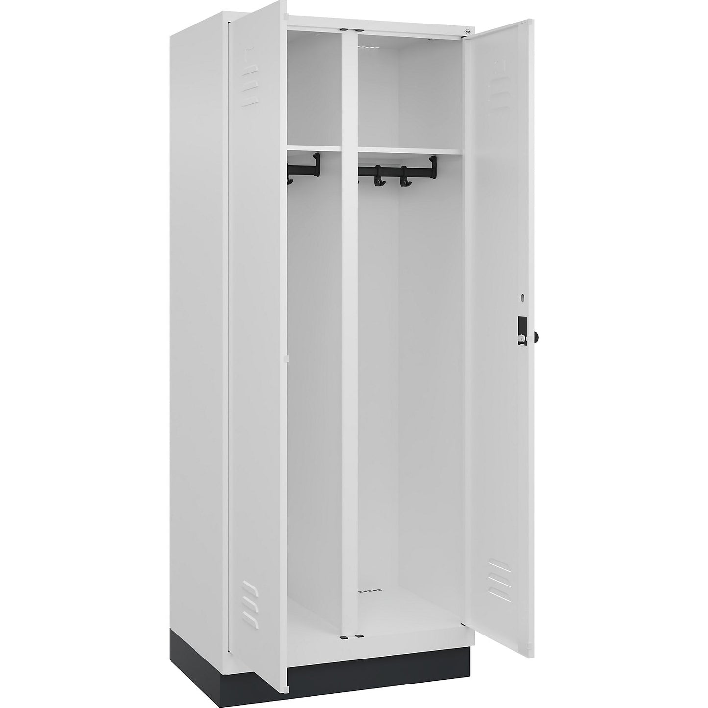 Classic PLUS clean and dirty clothes locker, centre divider, 1 compartment, traffic white, HxW 1950 x 800 mm, with base plinth, rotary bolt.