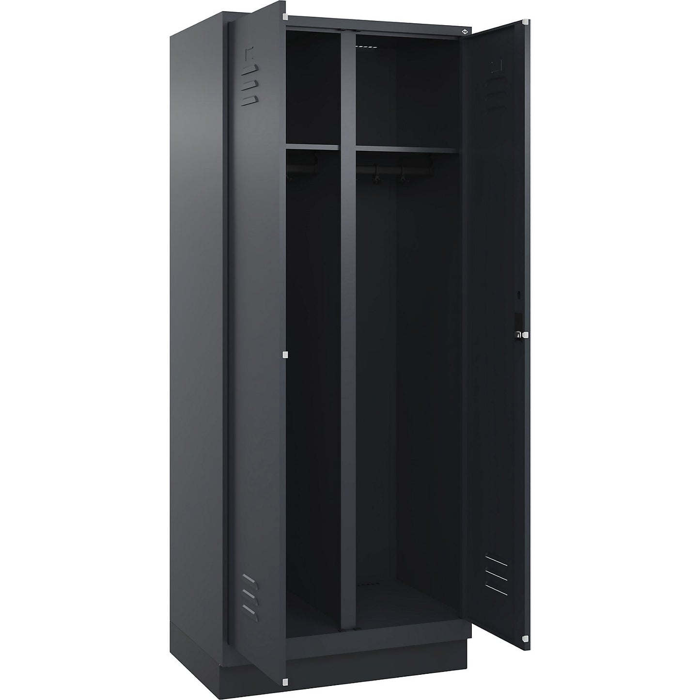 Classic PLUS clean and dirty clothes locker, centre divider, 1 compartment, grey, HxW 1950 x 800 mm, with base plinth, cylinder lock.