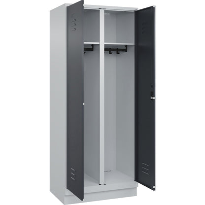 Classic PLUS clean and dirty clothes locker, centre divider, 1 compartment, light grey/grey, HxW 1950 x 800 mm, with base plinth, cylinder lock.
