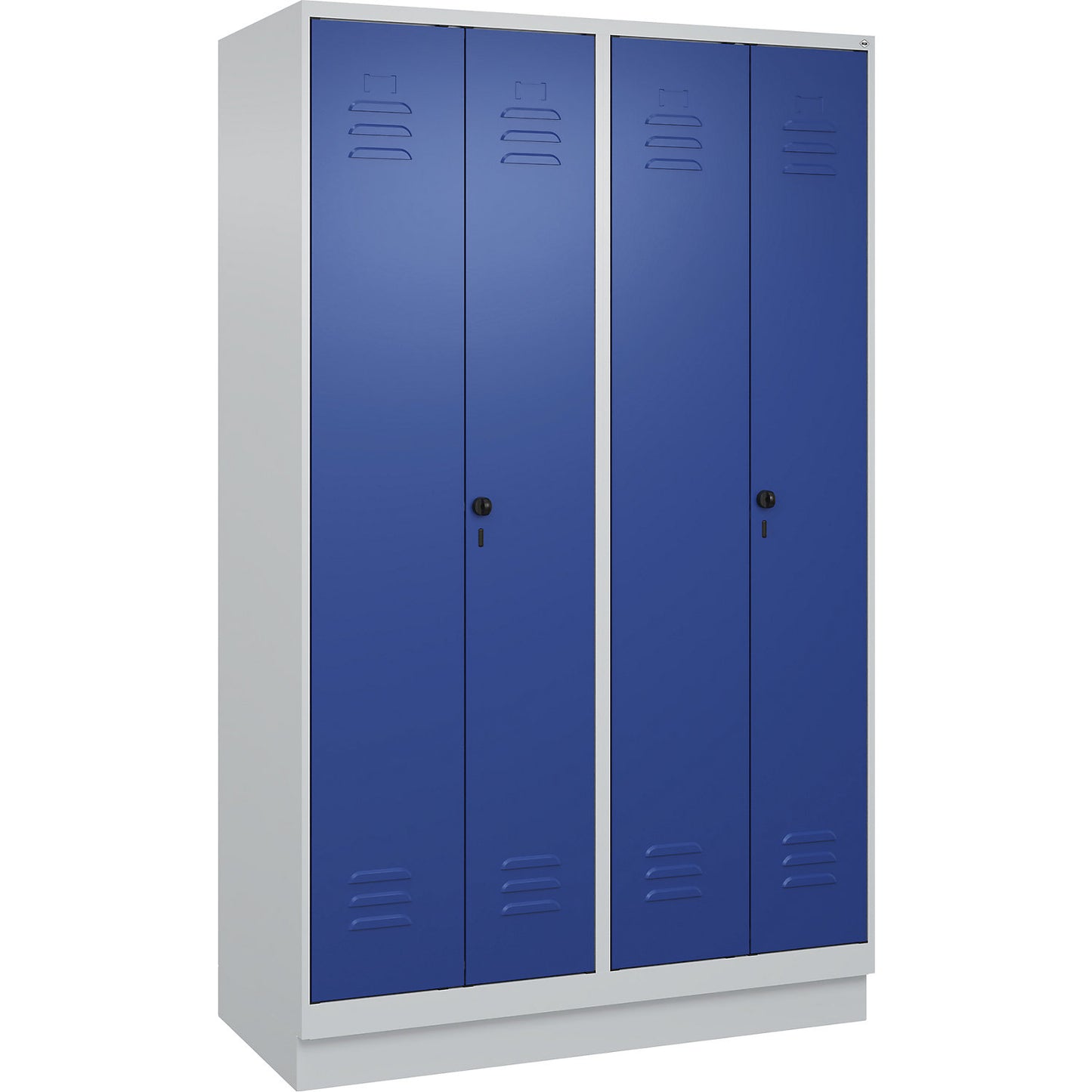 Classic PLUS clean and dirty clothes locker, centre divider, 2 compartments, light grey/gentian blue, HxW 1950 x 1200 mm, with base plinth, rotary bolt.