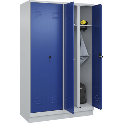 Classic PLUS clean and dirty clothes locker, centre divider, 2 compartments, light grey/gentian blue, HxW 1950 x 1200 mm, with base plinth, rotary bolt.