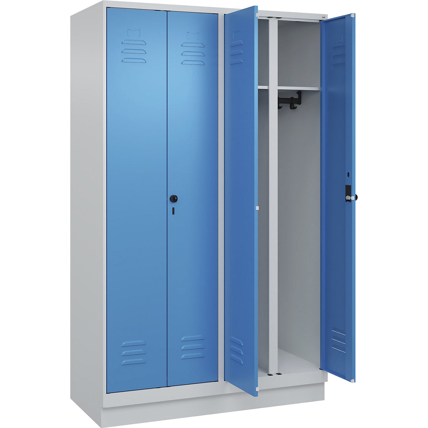 Classic PLUS clean and dirty clothes locker, centre divider, 2 compartments, light grey/light blue, HxW 1950 x 1200 mm, with base plinth, rotary bolt.