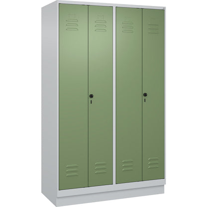 Classic PLUS clean and dirty clothes locker, centre divider, 2 compartments, light grey/reseda green, HxW 1950 x 1200 mm, with base plinth, rotary bolt.