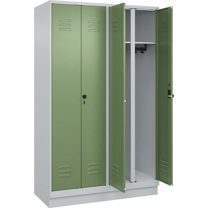 Classic PLUS clean and dirty clothes locker, centre divider, 2 compartments, light grey/reseda green, HxW 1950 x 1200 mm, with base plinth, rotary bolt.