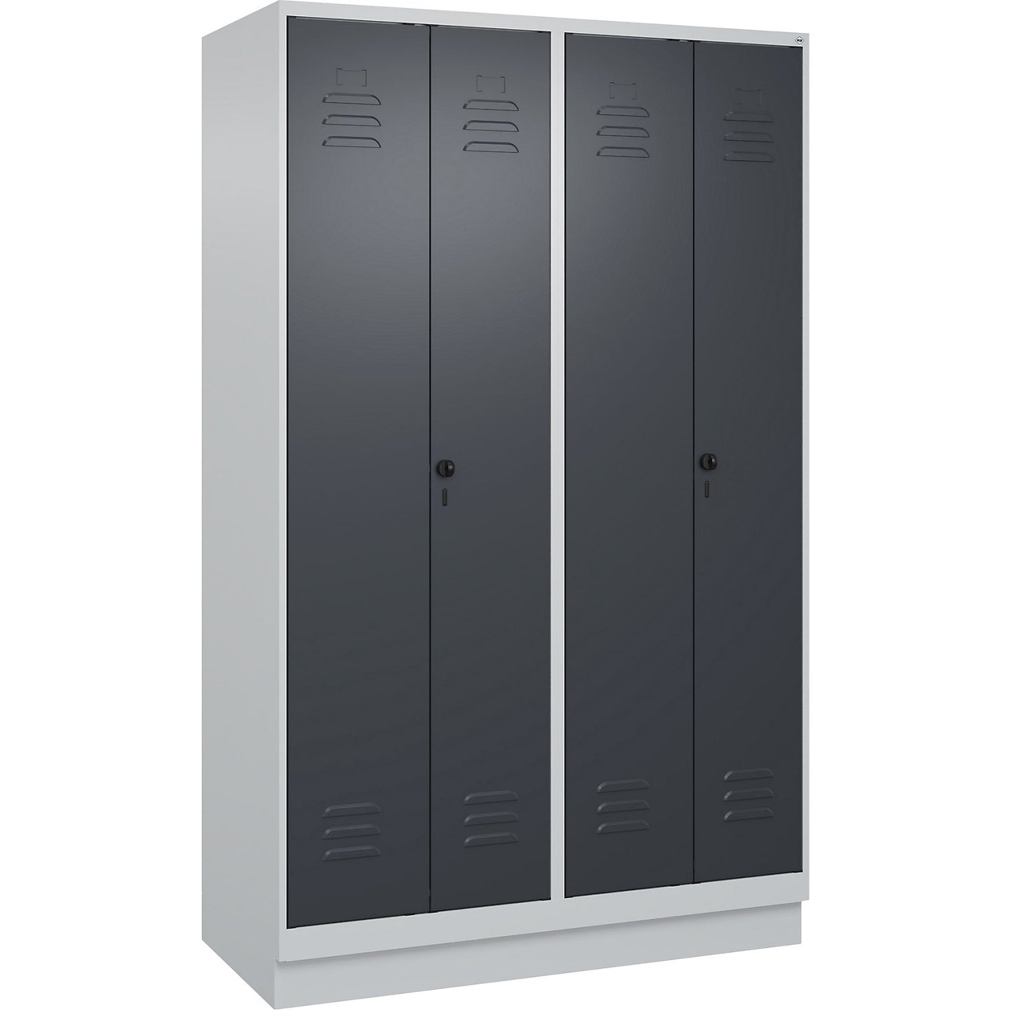 Classic PLUS clean and dirty clothes locker, centre divider, 2 compartments, light grey/grey, HxW 1950 x 1200 mm, with base plinth, rotary bolt.