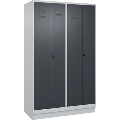 Classic PLUS clean and dirty clothes locker, centre divider, 2 compartments, light grey/grey, HxW 1950 x 1200 mm, with base plinth, rotary bolt.