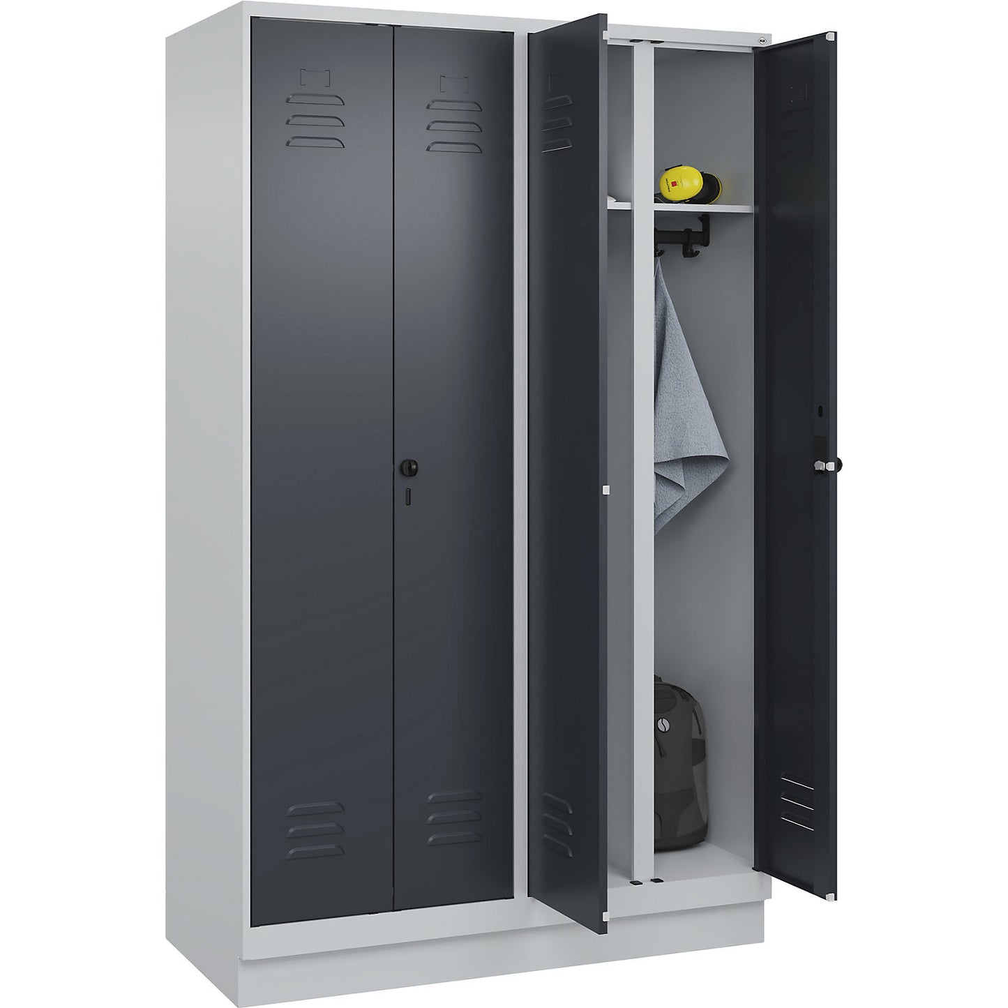 Classic PLUS clean and dirty clothes locker, centre divider, 2 compartments, light grey/grey, HxW 1950 x 1200 mm, with base plinth, rotary bolt.