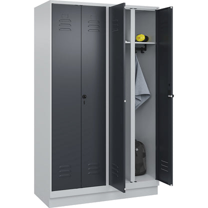 Classic PLUS clean and dirty clothes locker, centre divider, 2 compartments, light grey/grey, HxW 1950 x 1200 mm, with base plinth, rotary bolt.