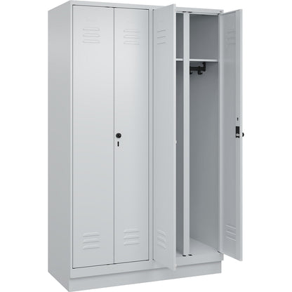 Classic PLUS clean and dirty clothes locker, centre divider, 2 compartments, light grey, HxW 1950 x 1200 mm, with base plinth, rotary bolt.