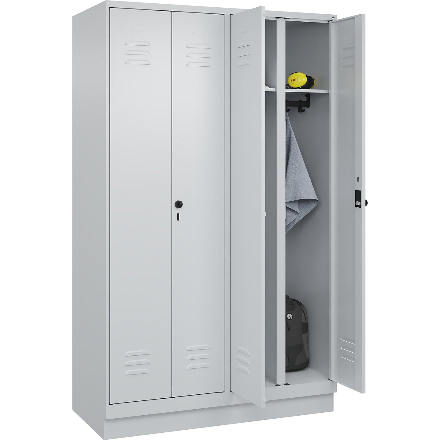 Classic PLUS clean and dirty clothes locker, centre divider, 2 compartments, light grey, HxW 1950 x 1200 mm, with base plinth, rotary bolt.