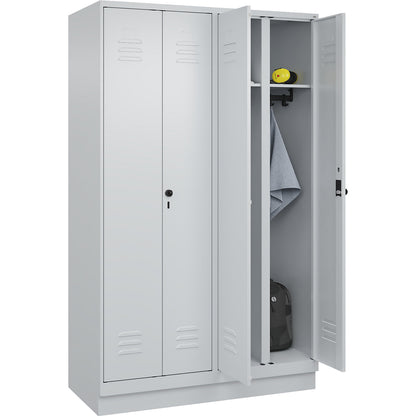 Classic PLUS clean and dirty clothes locker, centre divider, 2 compartments, light grey, HxW 1950 x 1200 mm, with base plinth, rotary bolt.