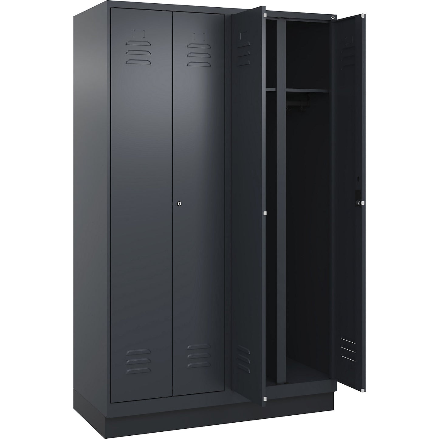 Classic PLUS clean and dirty clothes locker, centre divider, 2 compartments, grey, HxW 1950 x 1200 mm, with base plinth, cylinder lock.