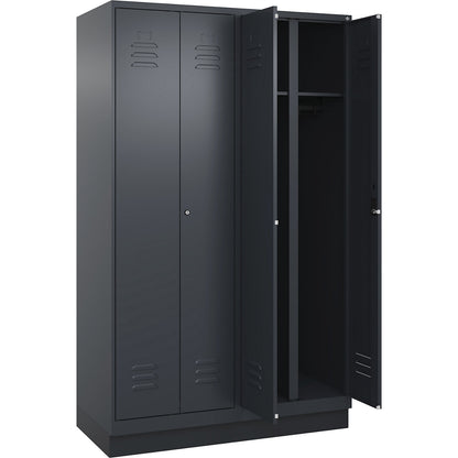 Classic PLUS clean and dirty clothes locker, centre divider, 2 compartments, grey, HxW 1950 x 1200 mm, with base plinth, cylinder lock.