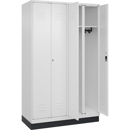 Classic PLUS clean and dirty clothes locker, centre divider, 2 compartments, traffic white, HxW 1950 x 1200 mm, with base plinth, cylinder lock.