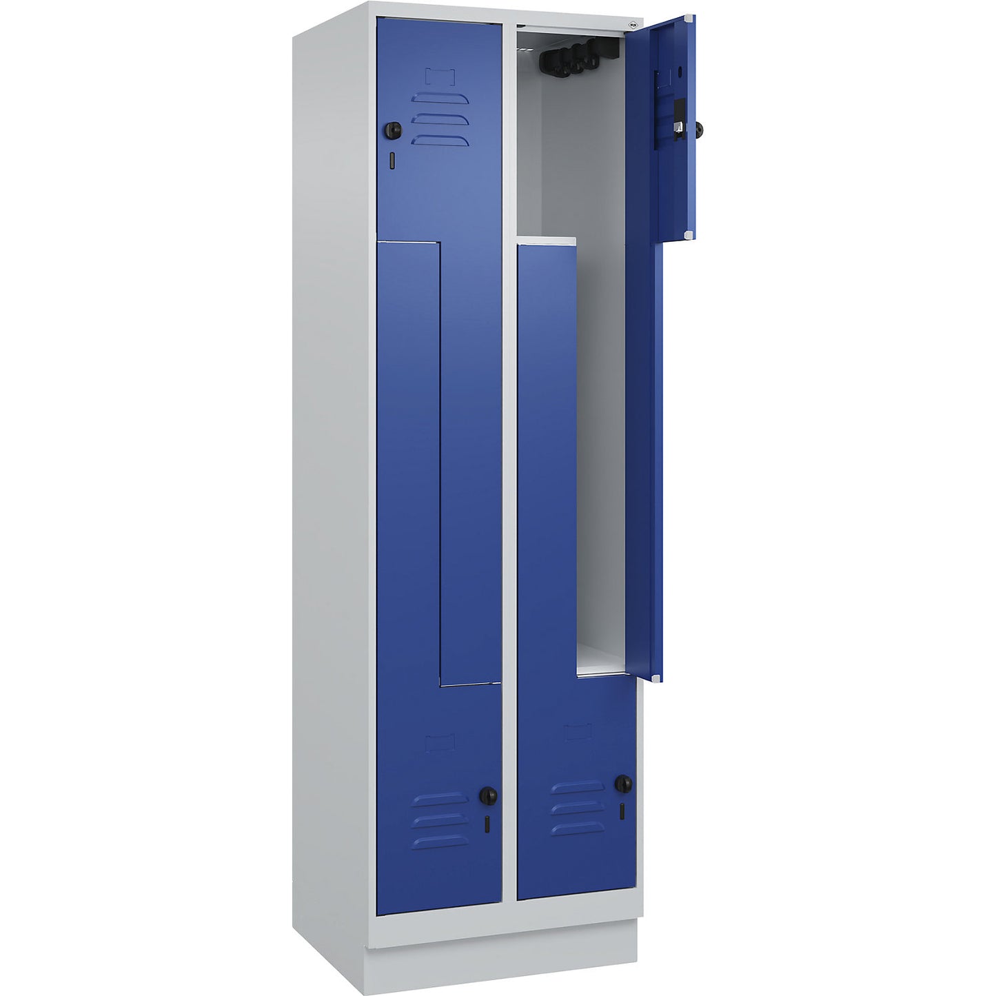 Classic PLUS Z locker, 2 compartments, light grey/gentian blue, W 600 mm, with base plinth, rotary bolt.
