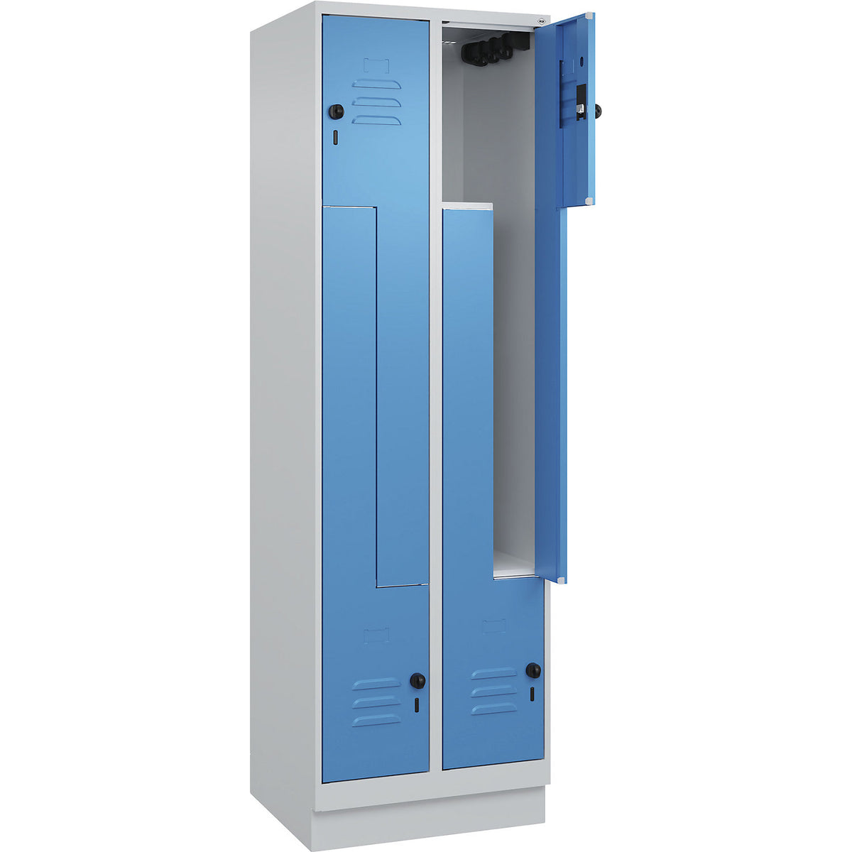 Classic PLUS Z locker, 2 compartments, light grey/light blue, W 600 mm, with base plinth, rotary bolt.