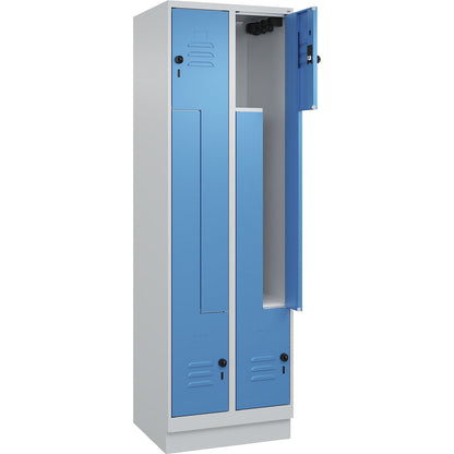 Classic PLUS Z locker, 2 compartments, light grey/light blue, W 600 mm, with base plinth, rotary bolt.