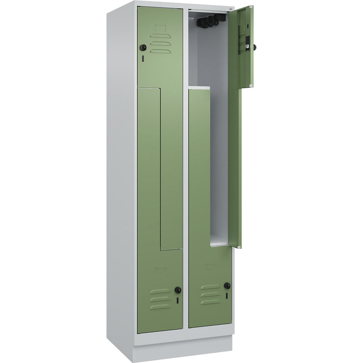 Classic PLUS Z locker, 2 compartments, light grey/reseda green, W 600 mm, with base plinth, rotary bolt.